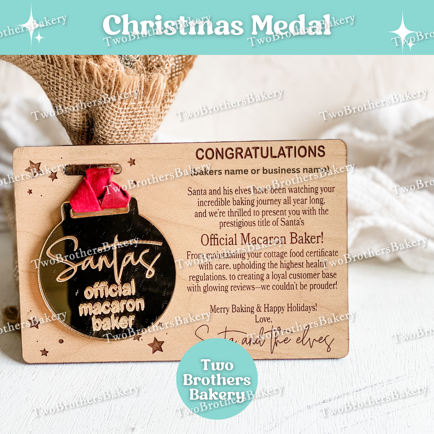 Personalized Santa’s Official Baker Medal, Laser Engraved Gold Mirror Acrylic Christmas Award for Cookie or Macaron Bakers, Holiday Market Display or Ornament Gift, Custom with Name or Bakery Name