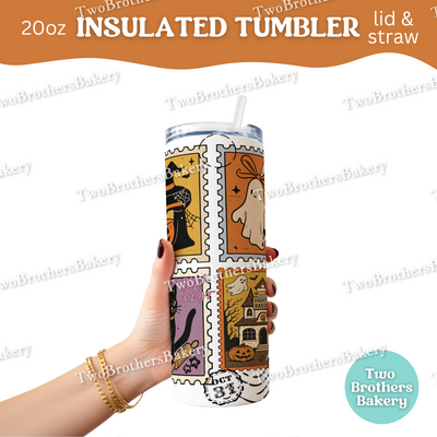 Halloween Baking Tumbler, 20oz Insulated Cup With Lid & Straw, Spooky Baker Gift, Ghost Stamp Design, Fall Drinkware, Witchy Baking Cup