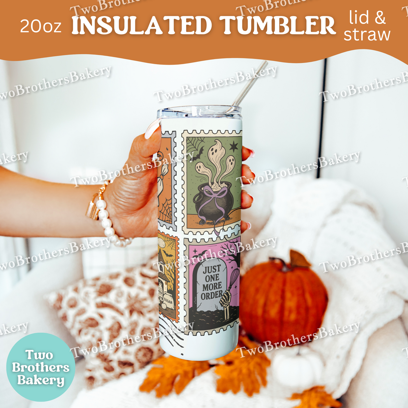 Halloween Baking Tumbler, 20oz Insulated Cup With Lid & Straw, Spooky Baker Gift, Ghost Stamp Design, Fall Drinkware, Witchy Baking Cup