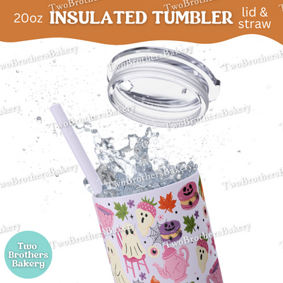 Ghost Tea Party, Halloween Tumbler, 20oz, Insulated Cup, Spooky Fall Drinkware, Cute Macaron Cup, Lid & Straw, Halloween Tumbler for Bakers