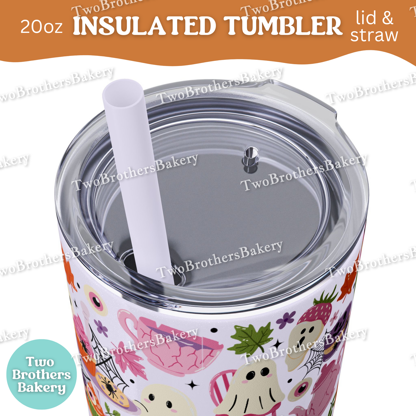 Ghost Tea Party, Halloween Tumbler, 20oz, Insulated Cup, Spooky Fall Drinkware, Cute Macaron Cup, Lid & Straw, Halloween Tumbler for Bakers
