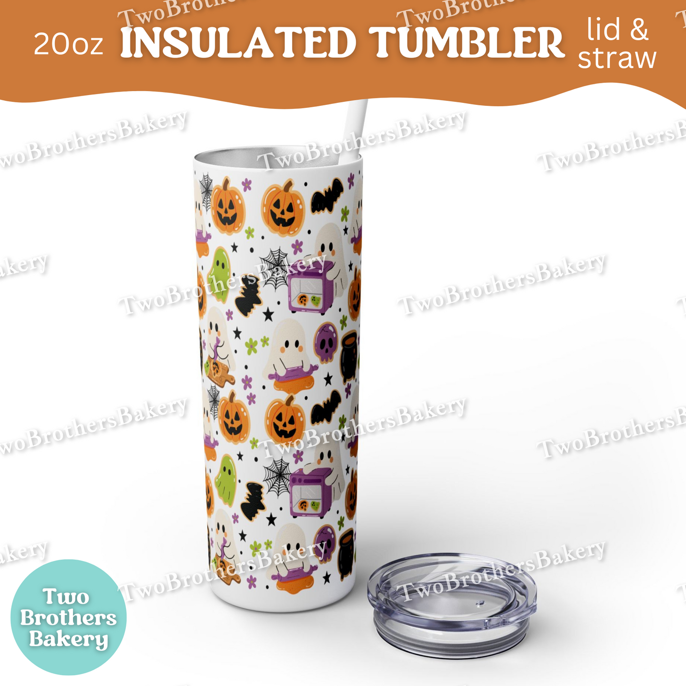 Halloween Baking, 20oz Tumbler, Insulated Cup, Spooky Drinkware, Ghosts, Pumpkins, Cute Fall Gift, Lid & Straw, Halloween Tumbler for Bakers