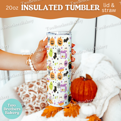 Halloween Baking, 20oz Tumbler, Insulated Cup, Spooky Drinkware, Ghosts, Pumpkins, Cute Fall Gift, Lid & Straw, Halloween Tumbler for Bakers