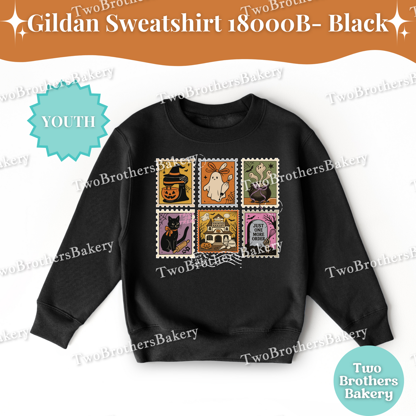 Kids Halloween Baking Sweatshirt, Spooky Postage Stamp Shirt, Youth Fall Baking Top, Cute Ghost Witch Cat, Family Matching Halloween Shirts