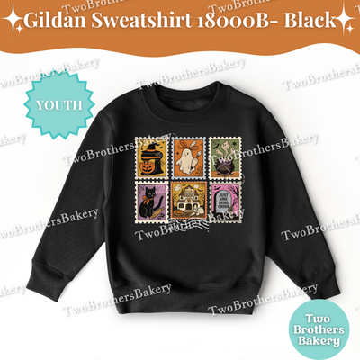 Kids Halloween Baking Sweatshirt, Spooky Postage Stamp Shirt, Youth Fall Baking Top, Cute Ghost Witch Cat, Family Matching Halloween Shirts