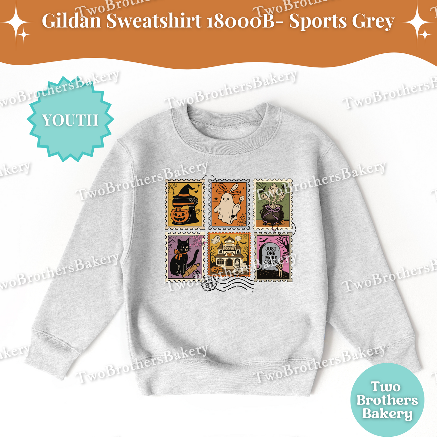Kids Halloween Baking Sweatshirt, Spooky Postage Stamp Shirt, Youth Fall Baking Top, Cute Ghost Witch Cat, Family Matching Halloween Shirts
