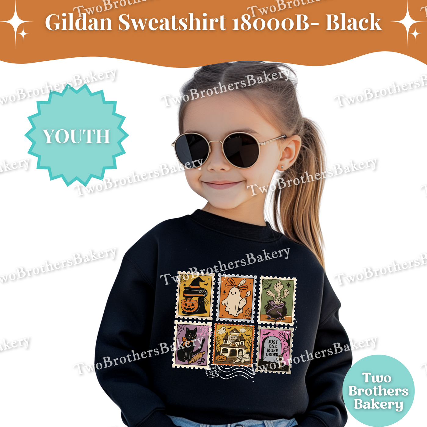Kids Halloween Baking Sweatshirt, Spooky Postage Stamp Shirt, Youth Fall Baking Top, Cute Ghost Witch Cat, Family Matching Halloween Shirts