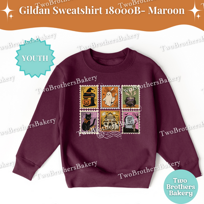 Kids Halloween Baking Sweatshirt, Spooky Postage Stamp Shirt, Youth Fall Baking Top, Cute Ghost Witch Cat, Family Matching Halloween Shirts