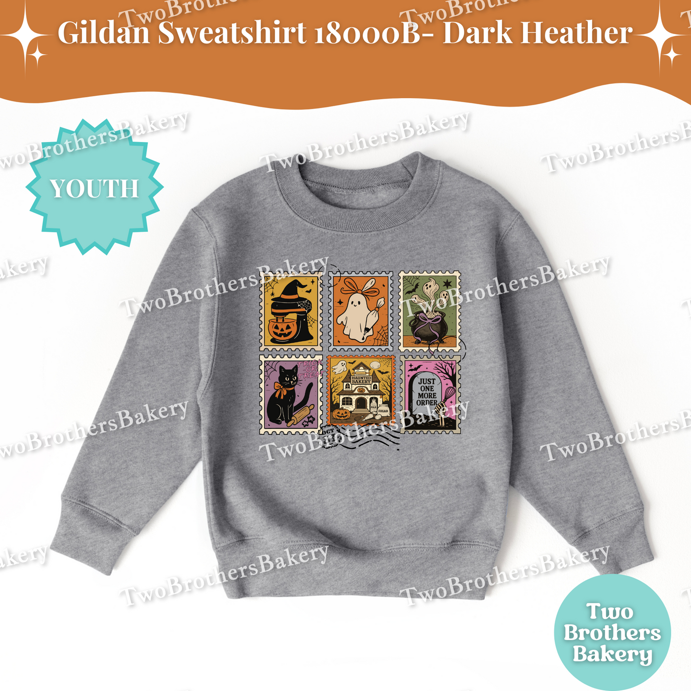 Kids Halloween Baking Sweatshirt, Spooky Postage Stamp Shirt, Youth Fall Baking Top, Cute Ghost Witch Cat, Family Matching Halloween Shirts