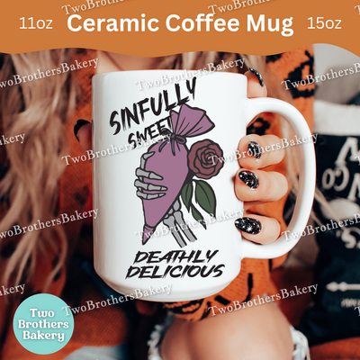 Sinfully Sweet Deathly Delicious Baker Mug, Front & Back Design, Halloween Baking Coffee Cup, Spooky Fall Kitchen Gift, Baking Fuel Mug