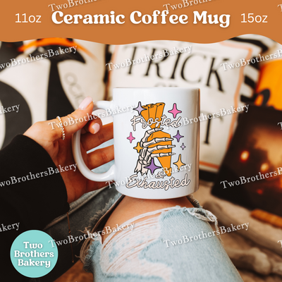 Frosted & Exhausted Halloween Baker Mug, Spooky Skeleton Hand with Piping Bag, Funny Fall Baking Gift, Baking Fuel Coffee Cup, Skeleton Mug
