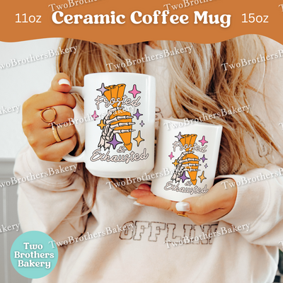 Frosted & Exhausted Halloween Baker Mug, Spooky Skeleton Hand with Piping Bag, Funny Fall Baking Gift, Baking Fuel Coffee Cup, Skeleton Mug