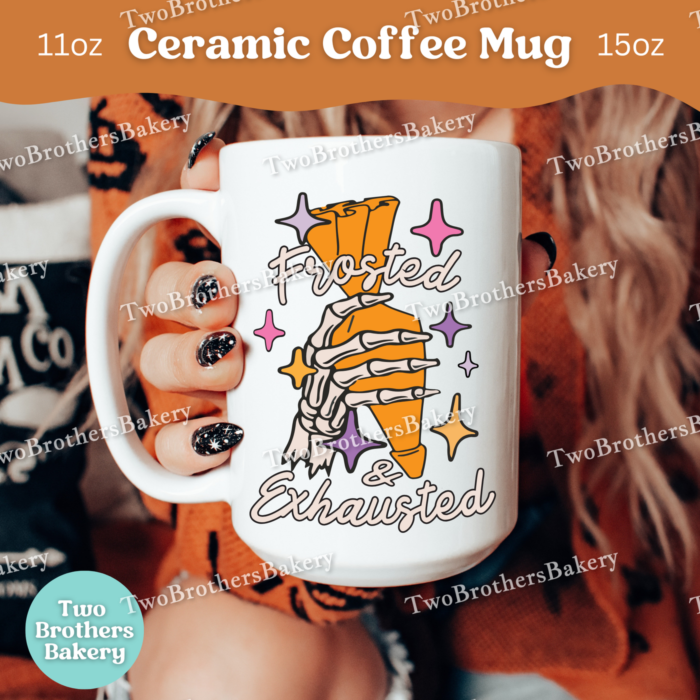 Frosted & Exhausted Halloween Baker Mug, Spooky Skeleton Hand with Piping Bag, Funny Fall Baking Gift, Baking Fuel Coffee Cup, Skeleton Mug