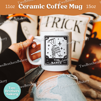 The Baker Tarot Card Halloween Mug, Spooky Baking Coffee Cup, Witchy Baker Gift, Fall Kitchen Decor, Baking Fuel Mug, Tarot Card Cup