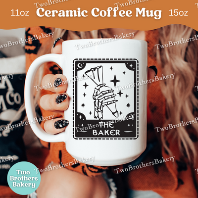 The Baker Tarot Card Halloween Mug, Spooky Baking Coffee Cup, Witchy Baker Gift, Fall Kitchen Decor, Baking Fuel Mug, Tarot Card Cup