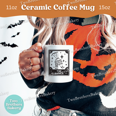 The Baker Tarot Card Halloween Mug, Spooky Baking Coffee Cup, Witchy Baker Gift, Fall Kitchen Decor, Baking Fuel Mug, Tarot Card Cup