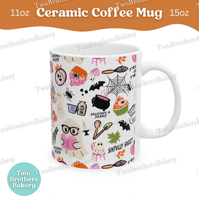 Haunted Bakery Halloween Mug, Spooky Ghosts, Halloween Treats & Baking Tools, Full Wrap Ceramic Coffee Cup for Bakers, Baking Fuel Coffee