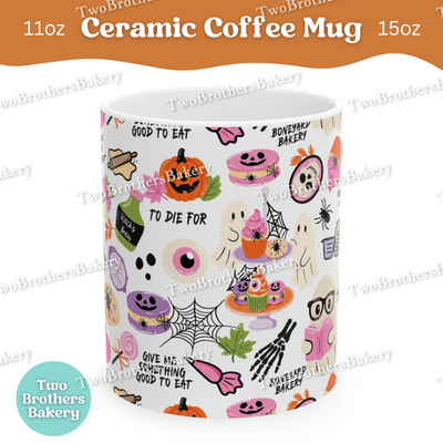 Haunted Bakery Halloween Mug, Spooky Ghosts, Halloween Treats & Baking Tools, Full Wrap Ceramic Coffee Cup for Bakers, Baking Fuel Coffee