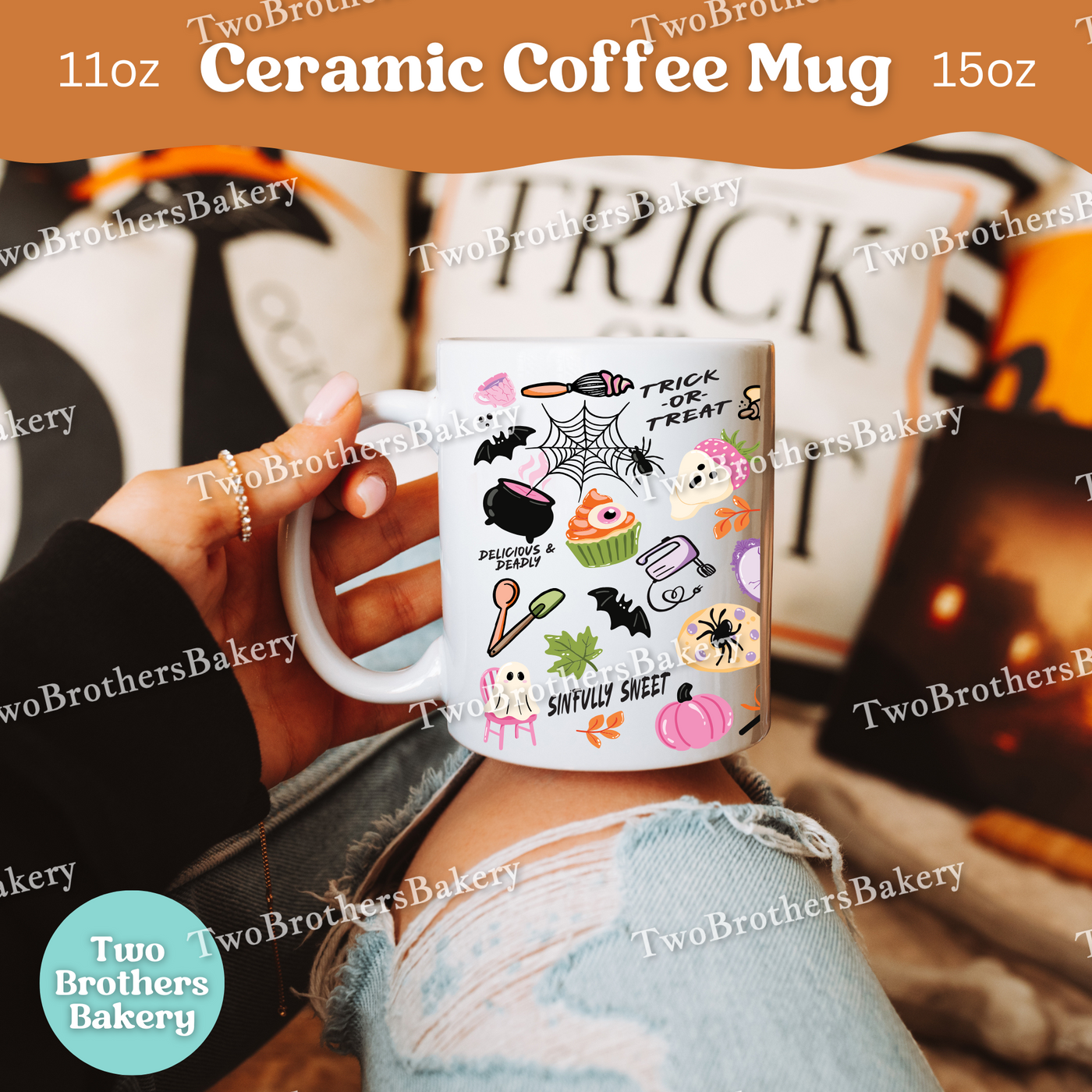 Haunted Bakery Halloween Mug, Spooky Ghosts, Halloween Treats & Baking Tools, Full Wrap Ceramic Coffee Cup for Bakers, Baking Fuel Coffee