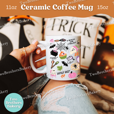 Haunted Bakery Halloween Mug, Spooky Ghosts, Halloween Treats & Baking Tools, Full Wrap Ceramic Coffee Cup for Bakers, Baking Fuel Coffee