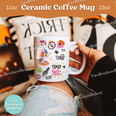 Haunted Bakery Halloween Mug, Spooky Ghosts, Halloween Treats & Baking Tools, Full Wrap Ceramic Coffee Cup for Bakers, Baking Fuel Coffee