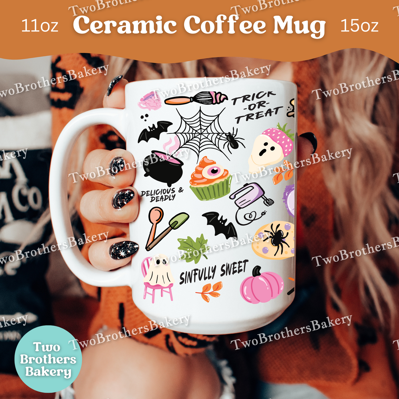 Haunted Bakery Halloween Mug, Spooky Ghosts, Halloween Treats & Baking Tools, Full Wrap Ceramic Coffee Cup for Bakers, Baking Fuel Coffee