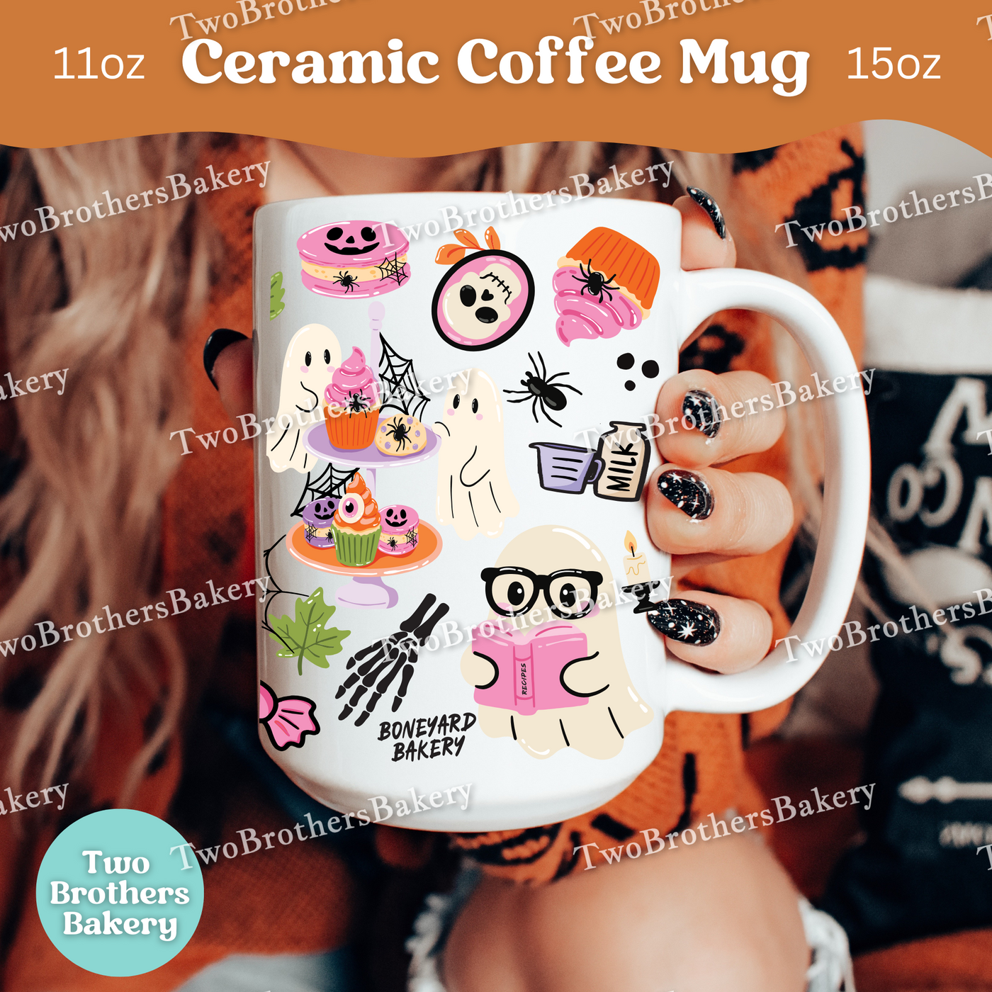 Haunted Bakery Halloween Mug, Spooky Ghosts, Halloween Treats & Baking Tools, Full Wrap Ceramic Coffee Cup for Bakers, Baking Fuel Coffee