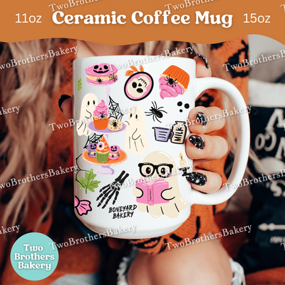 Haunted Bakery Halloween Mug, Spooky Ghosts, Halloween Treats & Baking Tools, Full Wrap Ceramic Coffee Cup for Bakers, Baking Fuel Coffee
