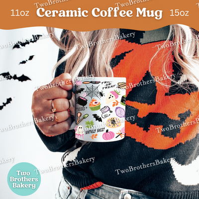 Haunted Bakery Halloween Mug, Spooky Ghosts, Halloween Treats & Baking Tools, Full Wrap Ceramic Coffee Cup for Bakers, Baking Fuel Coffee
