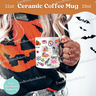 Haunted Bakery Halloween Mug, Spooky Ghosts, Halloween Treats & Baking Tools, Full Wrap Ceramic Coffee Cup for Bakers, Baking Fuel Coffee