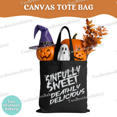 Sinfully Sweet Deathly Delicious Halloween Baking Tote Bag, Canvas Market Bag, Spooky Baker Gift, Front & Back Print, Fall Treat Lover