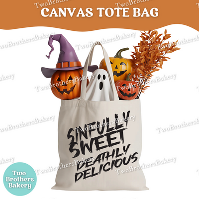 Sinfully Sweet Deathly Delicious Halloween Baking Tote Bag, Canvas Market Bag, Spooky Baker Gift, Front & Back Print, Fall Treat Lover