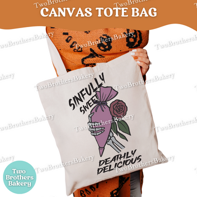 Sinfully Sweet Deathly Delicious Halloween Baking Tote Bag, Canvas Market Bag, Spooky Baker Gift, Front & Back Print, Fall Treat Lover