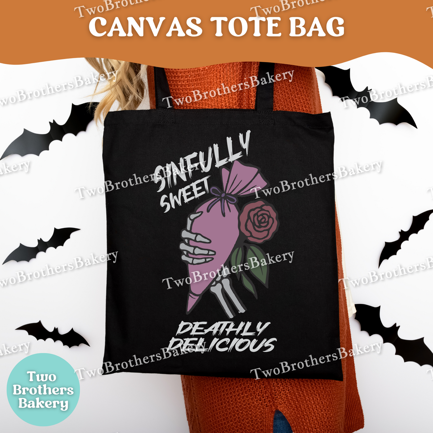 Sinfully Sweet Deathly Delicious Halloween Baking Tote Bag, Canvas Market Bag, Spooky Baker Gift, Front & Back Print, Fall Treat Lover