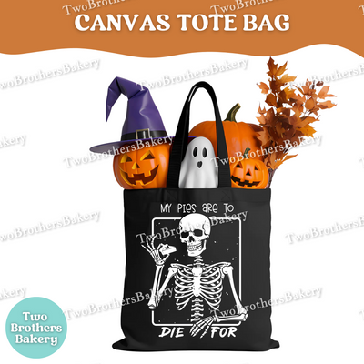 Pie Loving Skeleton Tote Bag, Halloween Baking Bag, Funny Baker Canvas Tote, Reusable Market Bag, Spooky Pie Baker Gift, One Sided Print
