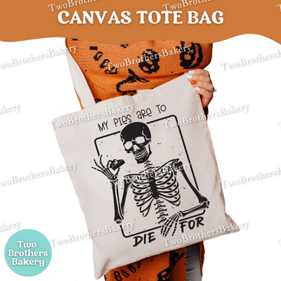 Pie Loving Skeleton Tote Bag, Halloween Baking Bag, Funny Baker Canvas Tote, Reusable Market Bag, Spooky Pie Baker Gift, One Sided Print