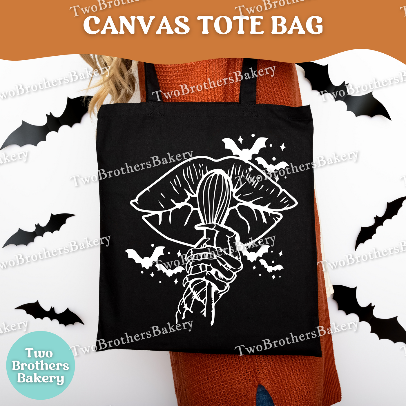 Skeleton Hand Whisk Tote Bag, Halloween Baker Gift, Spooky Canvas Market Bag, Witchy Baking Tote, Pumpkin Season Bag, Trick or Treat Bag