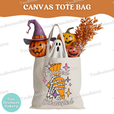 Frosted & Exhausted Halloween Baking Tote Bag, Funny Baker Canvas Tote, Spooky Baking Market Bag, Fall Gift for Bakers, Halloween Tote