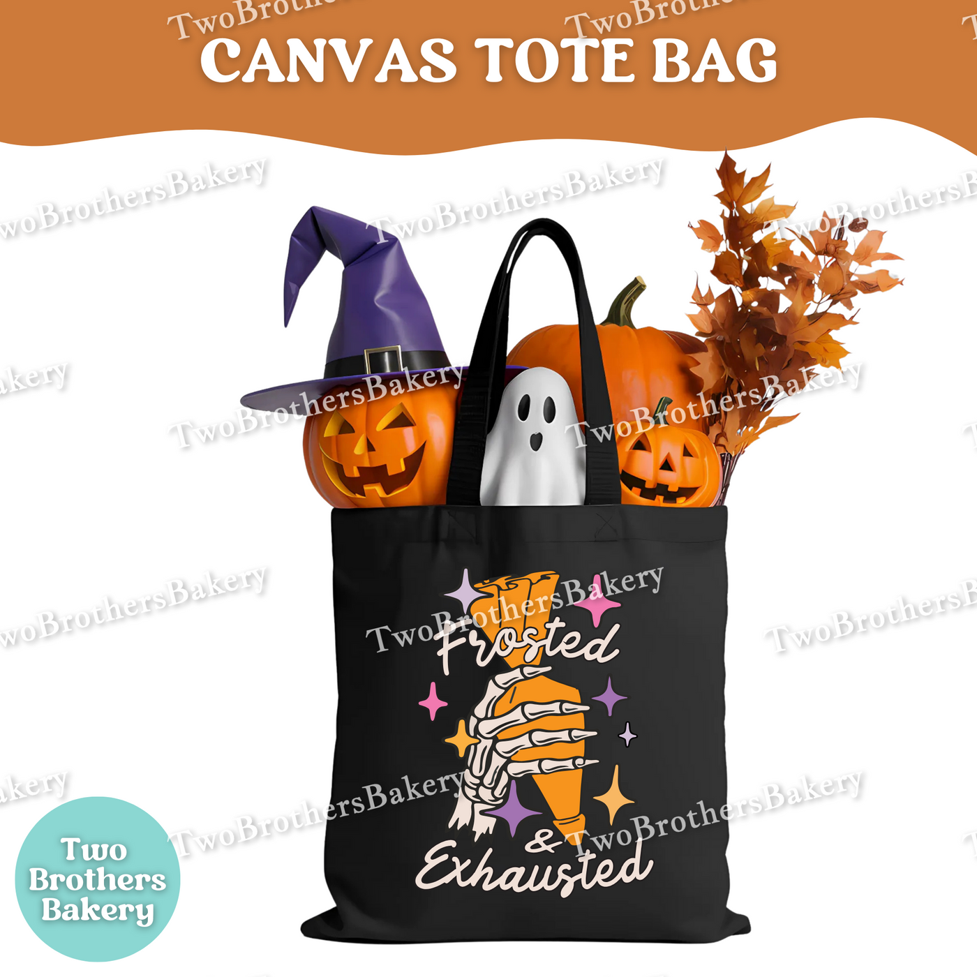 Frosted & Exhausted Halloween Baking Tote Bag, Funny Baker Canvas Tote, Spooky Baking Market Bag, Fall Gift for Bakers, Halloween Tote