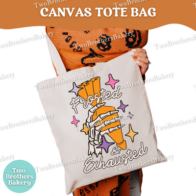 Frosted & Exhausted Halloween Baking Tote Bag, Funny Baker Canvas Tote, Spooky Baking Market Bag, Fall Gift for Bakers, Halloween Tote
