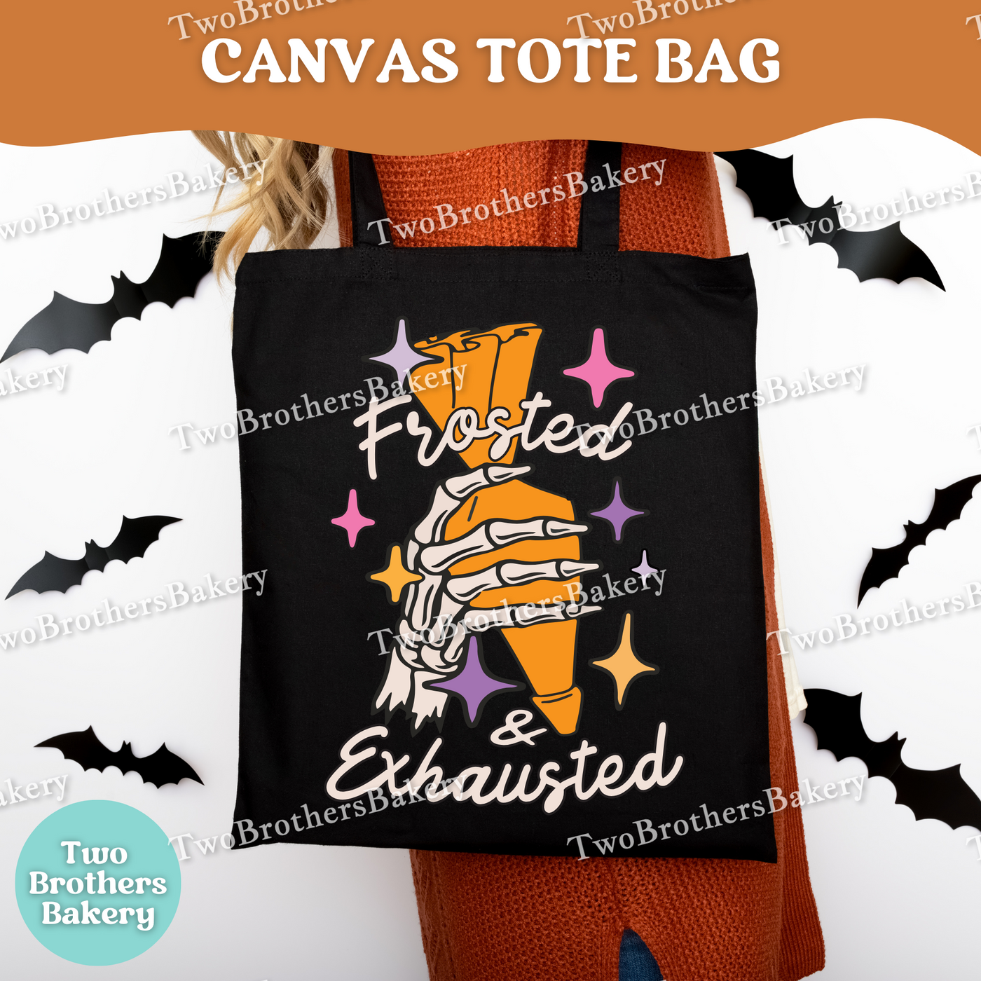 Frosted & Exhausted Halloween Baking Tote Bag, Funny Baker Canvas Tote, Spooky Baking Market Bag, Fall Gift for Bakers, Halloween Tote