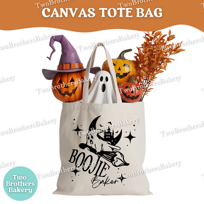 BOOjie Baker Halloween Tote Bag, Funny Ghost Baking Bag, Spooky Fall Market Tote, Halloween Gift for Bakers, Witch Kitchen Canvas Bag