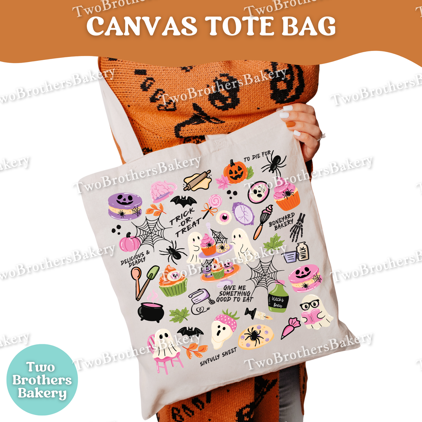 Haunted Bakery Halloween Tote Bag, Cute Spooky Baking Canvas Bag, Trick or Treat Bag for Kids, Macaron Ghost Market Bag, Fall Baker Gift Bag