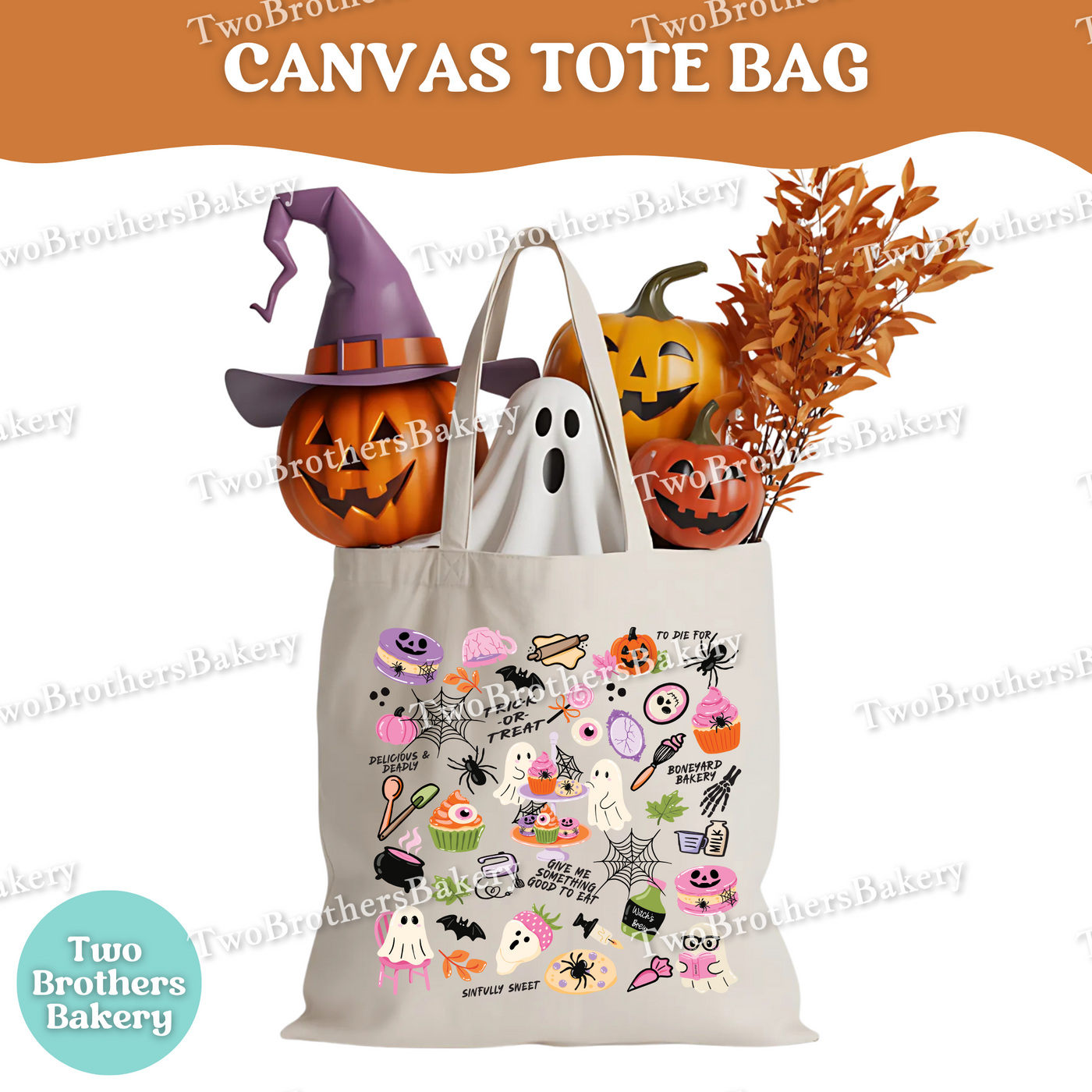 Haunted Bakery Halloween Tote Bag, Cute Spooky Baking Canvas Bag, Trick or Treat Bag for Kids, Macaron Ghost Market Bag, Fall Baker Gift Bag