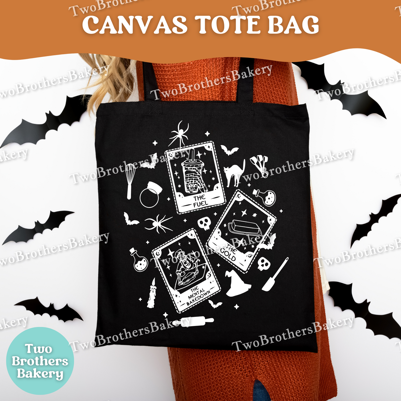 Halloween Baking Tote, Bakery Canvas Tote, Spooky Baker Gift, Fall Market Bag, Cute Halloween Baker Tote, Baker Tarot Card, Gothic Baker Bag