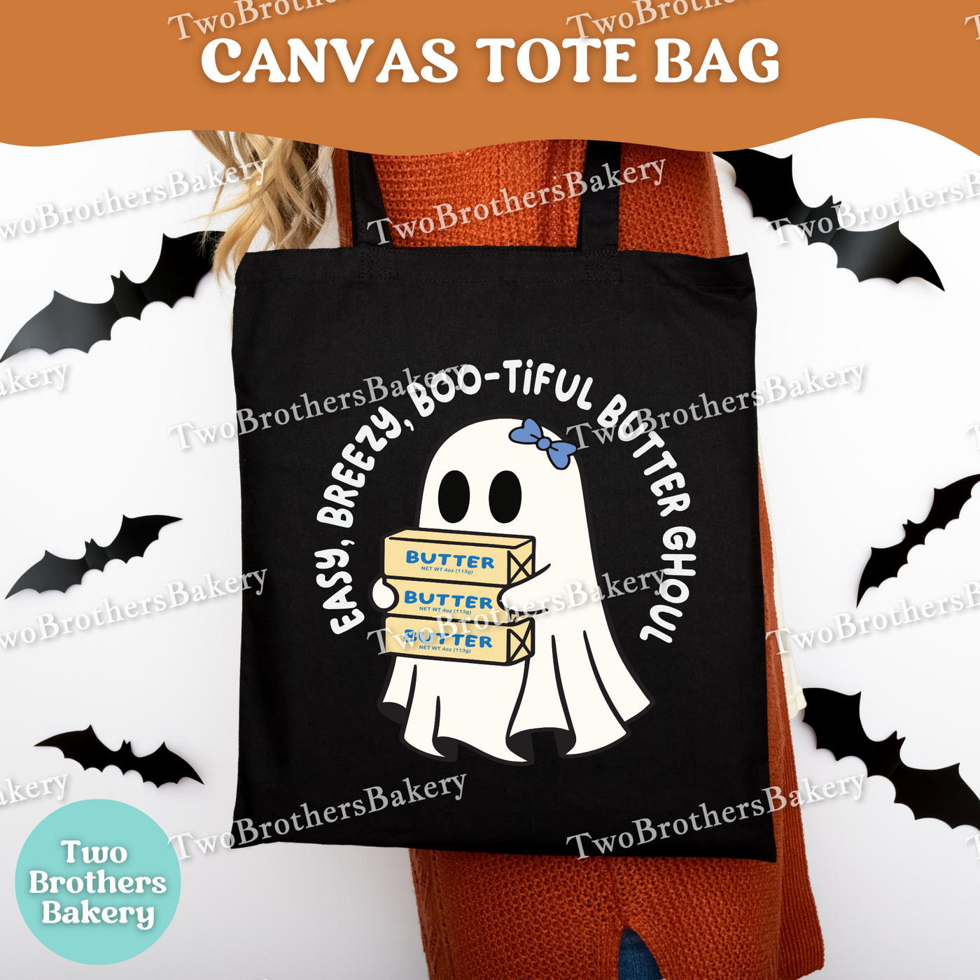 Easy Breezy Boo-tiful Butter Ghoul Tote Bag, Funny Halloween Baking Canvas Bag for Bakers, Cottage Food Makers & Butter Lovers, Cover Girl