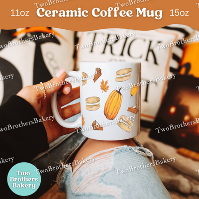 Pumpkin Macaron Coffee Mug, Fall Pie & Pumpkin Spice Ceramic Mug, 11oz or 15oz, Dishwasher Safe Gift for Bakers and Autumn Dessert Lovers