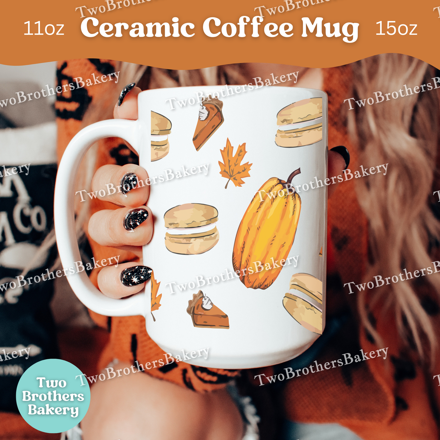 Pumpkin Macaron Coffee Mug, Fall Pie & Pumpkin Spice Ceramic Mug, 11oz or 15oz, Dishwasher Safe Gift for Bakers and Autumn Dessert Lovers