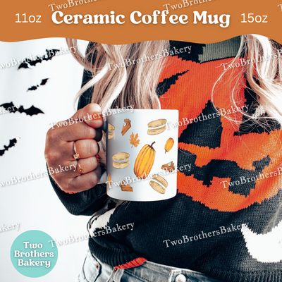 Pumpkin Macaron Coffee Mug, Fall Pie & Pumpkin Spice Ceramic Mug, 11oz or 15oz, Dishwasher Safe Gift for Bakers and Autumn Dessert Lovers