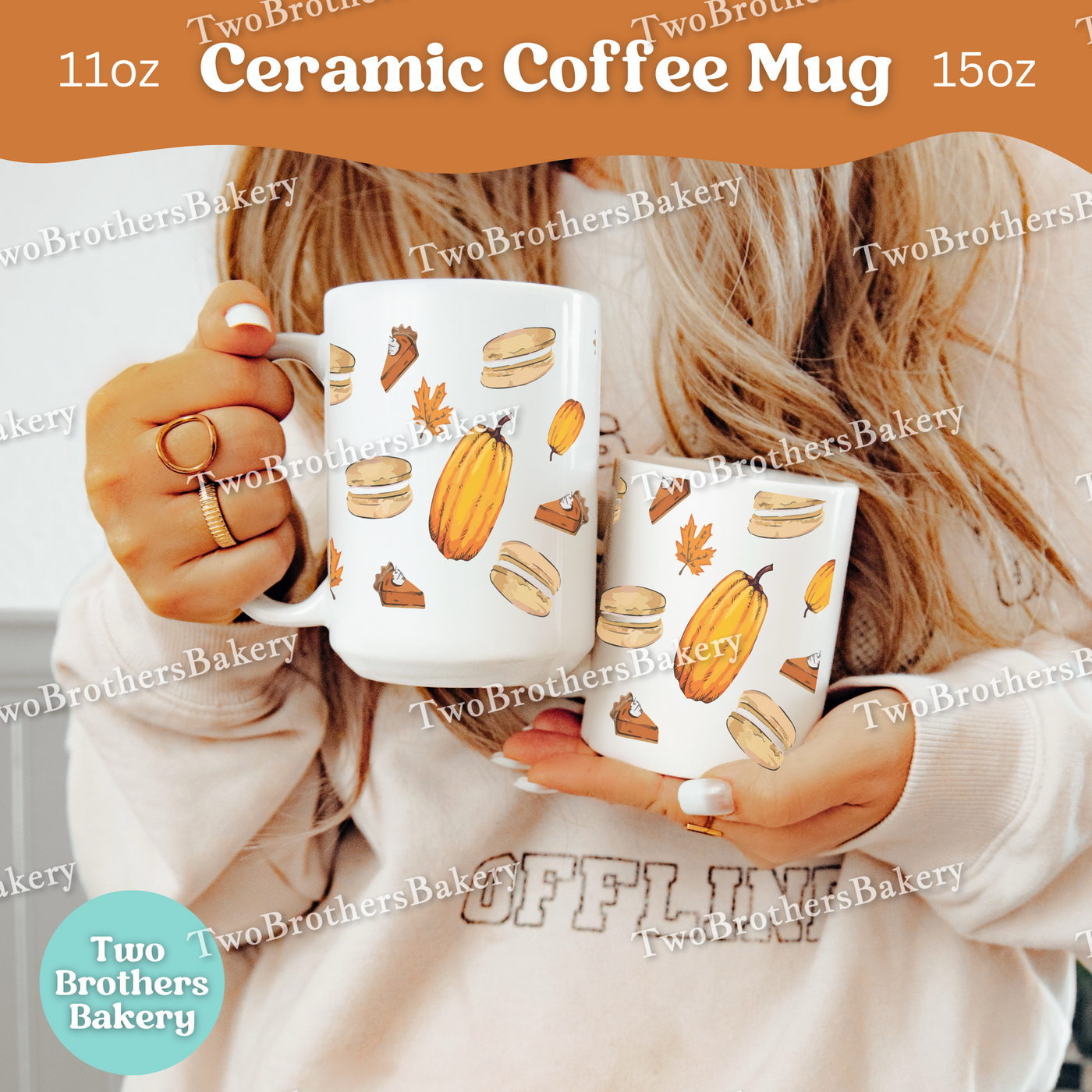 Pumpkin Macaron Coffee Mug, Fall Pie & Pumpkin Spice Ceramic Mug, 11oz or 15oz, Dishwasher Safe Gift for Bakers and Autumn Dessert Lovers